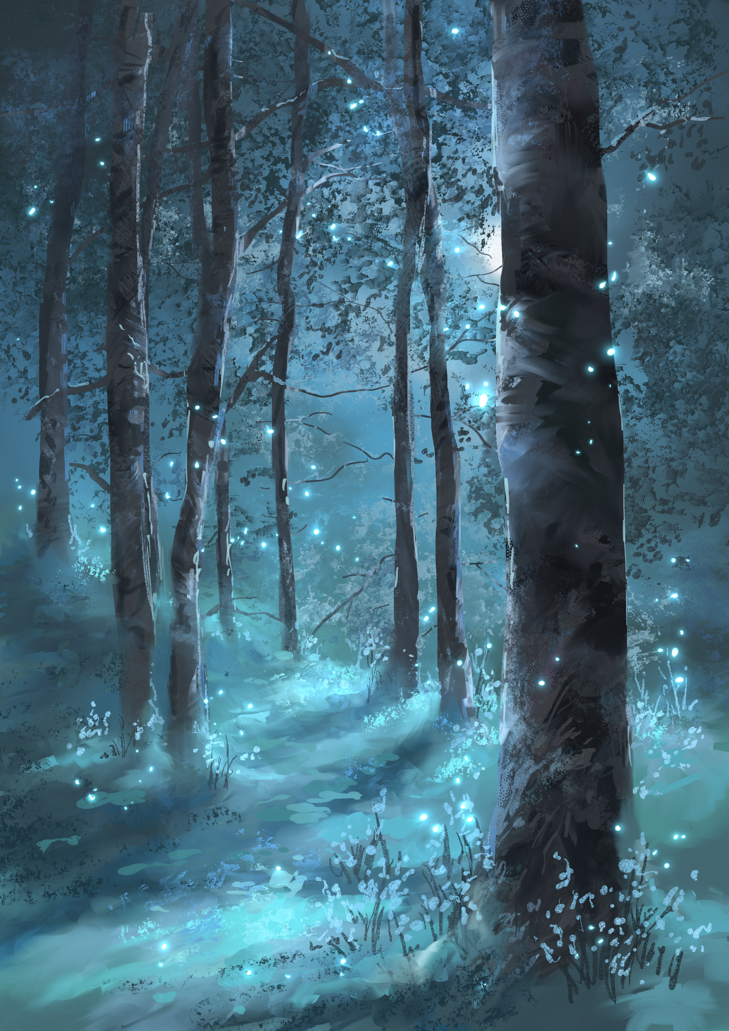 Moonlight Dance | Blue Winter Forest Digital Painting Print