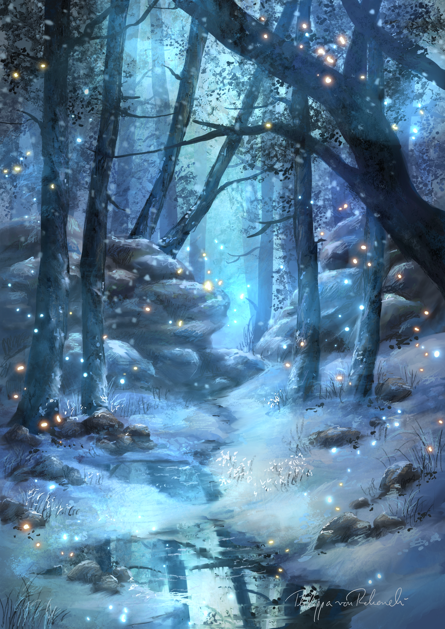 Frozen Reflections | Sapphire Blue Forest of Snow and Ice | Digital Painting Print
