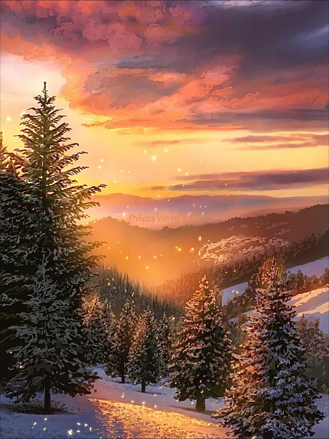 Peaceful Respite | Winter Forest and Sunset Clouds Painting Art Print