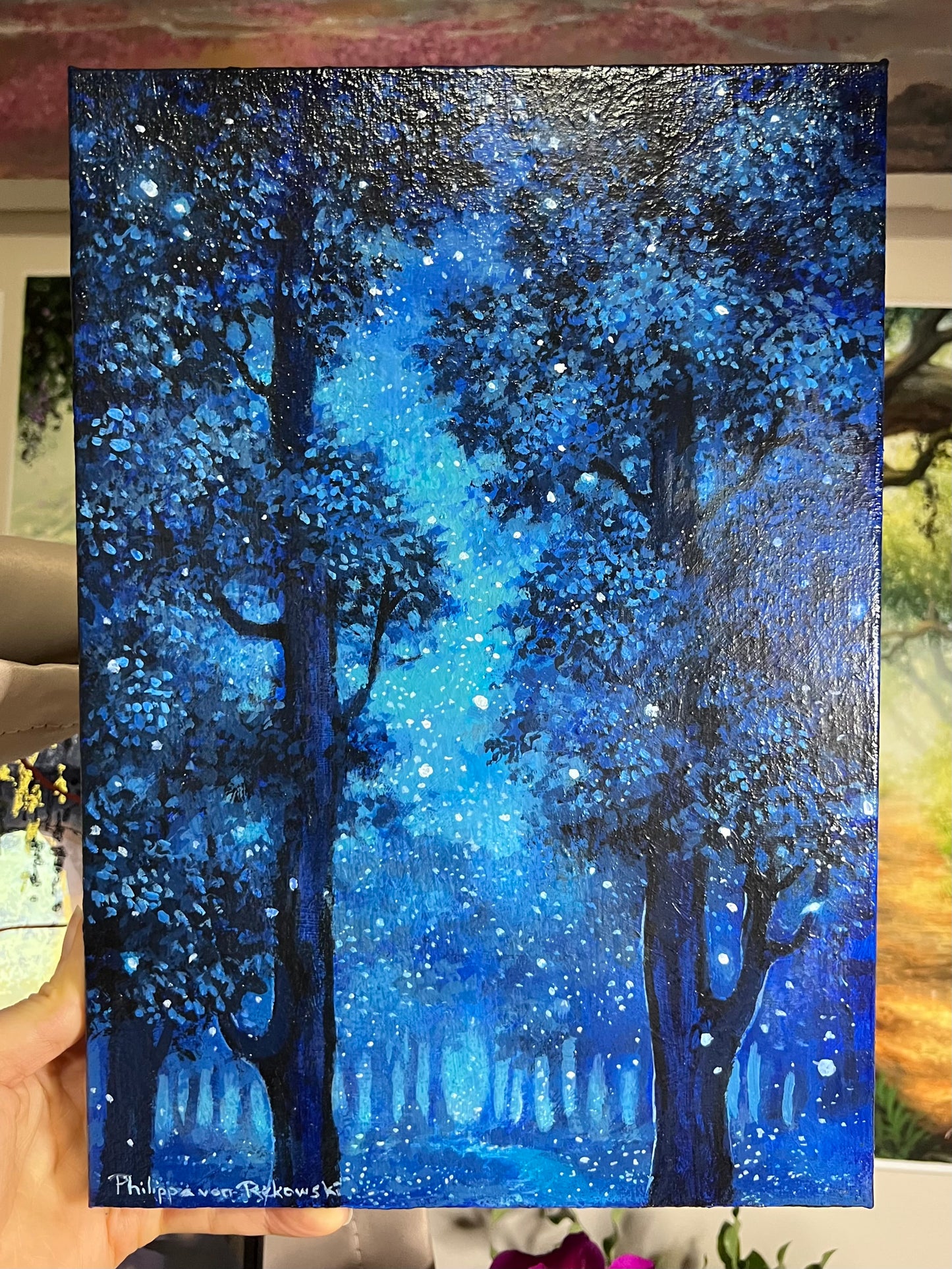 Midnight Blue Starry Sky and Tree Silhouettes Painting on Canvas