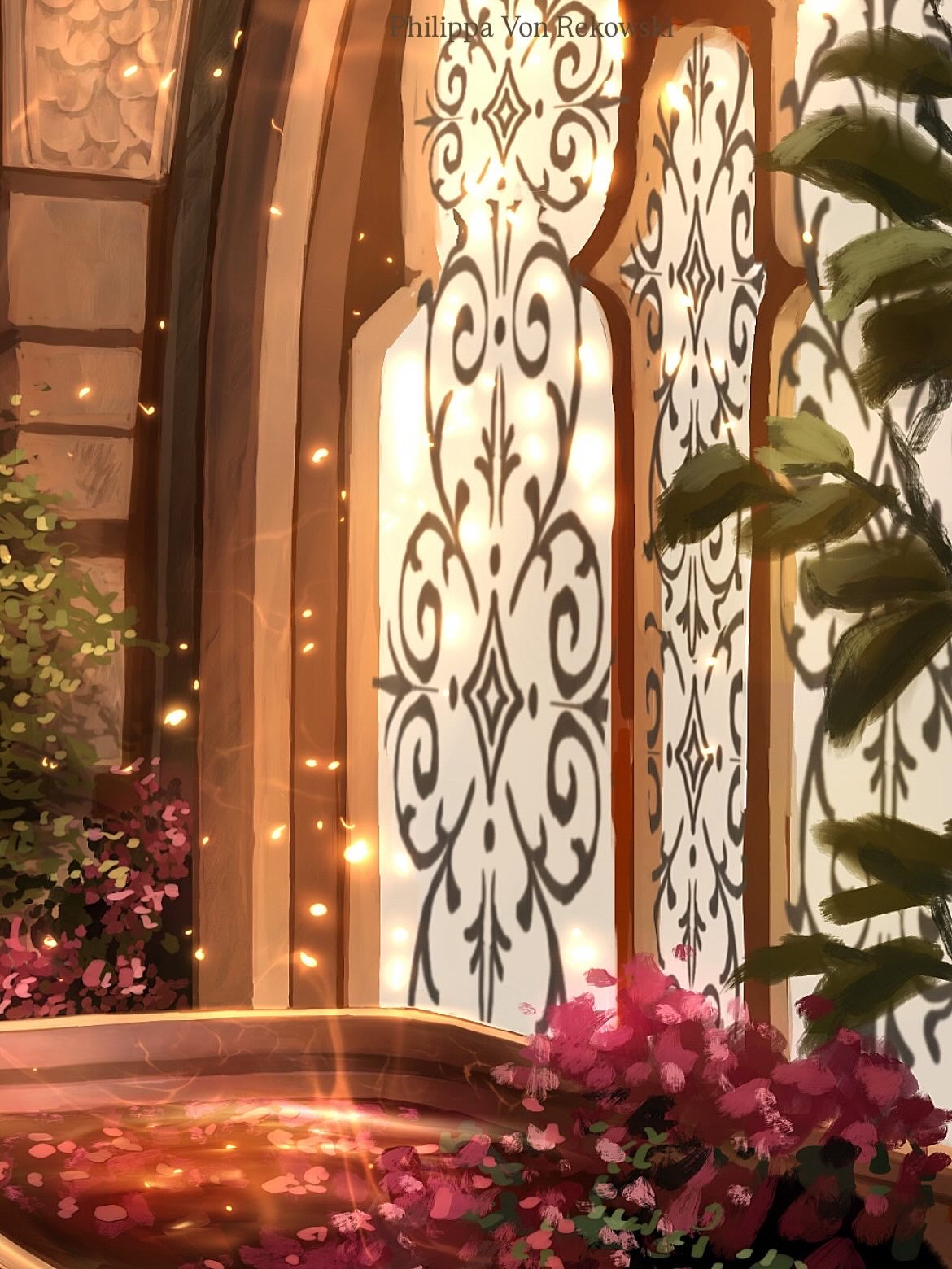 Blood red Blossom Bath | Digital Interior Painting Practise Art Print ✨ Fantasy Interior Illustration Print