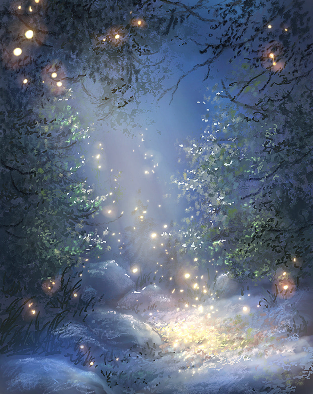 Midnight Magic | Fairylights Dancing in a Snowy Forest Clearing | Digital Painting Print
