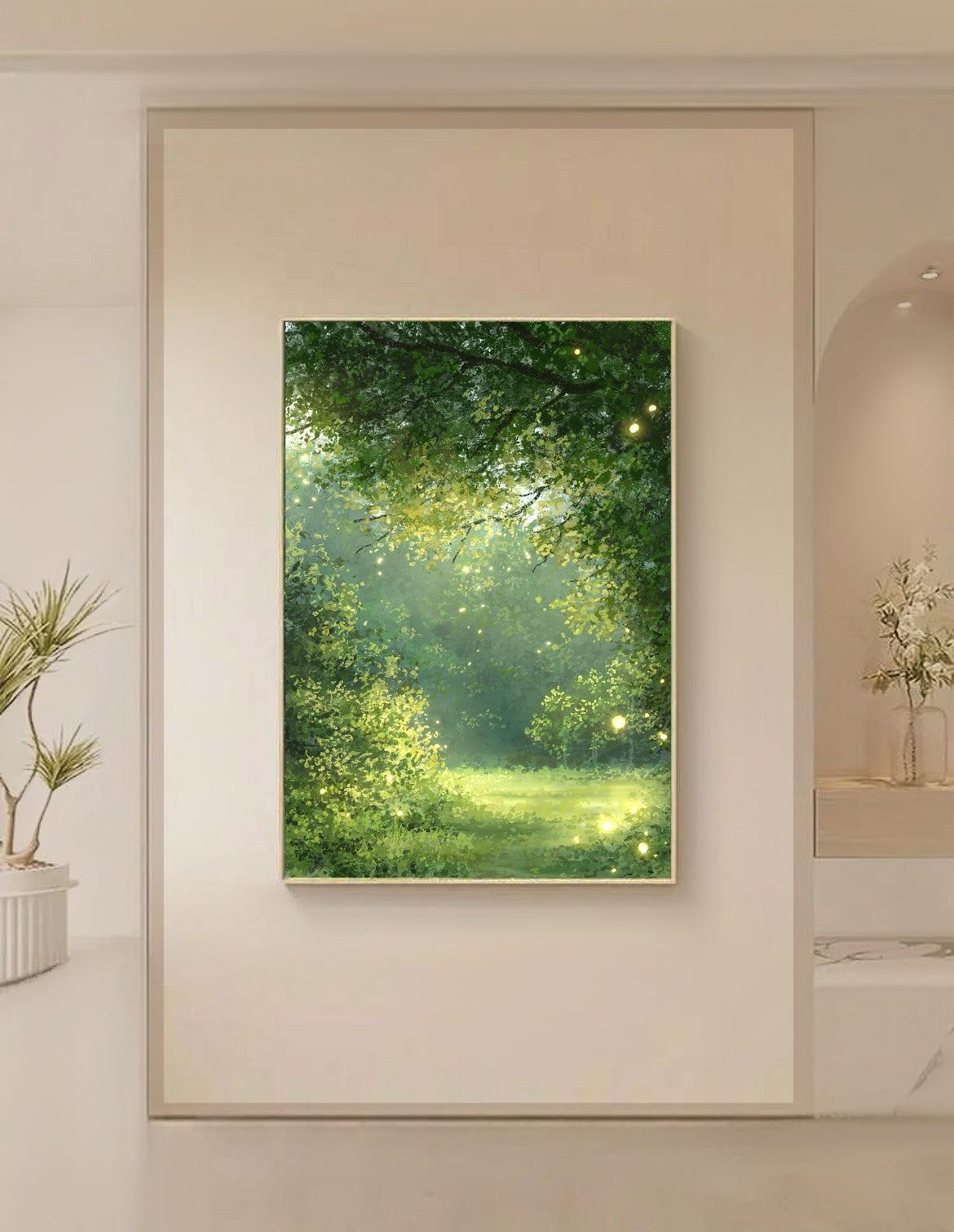 A framed digital painting art print depicting a lush green forest path with a magical, whimsical aesthetic, hung on a wall in a home setting.