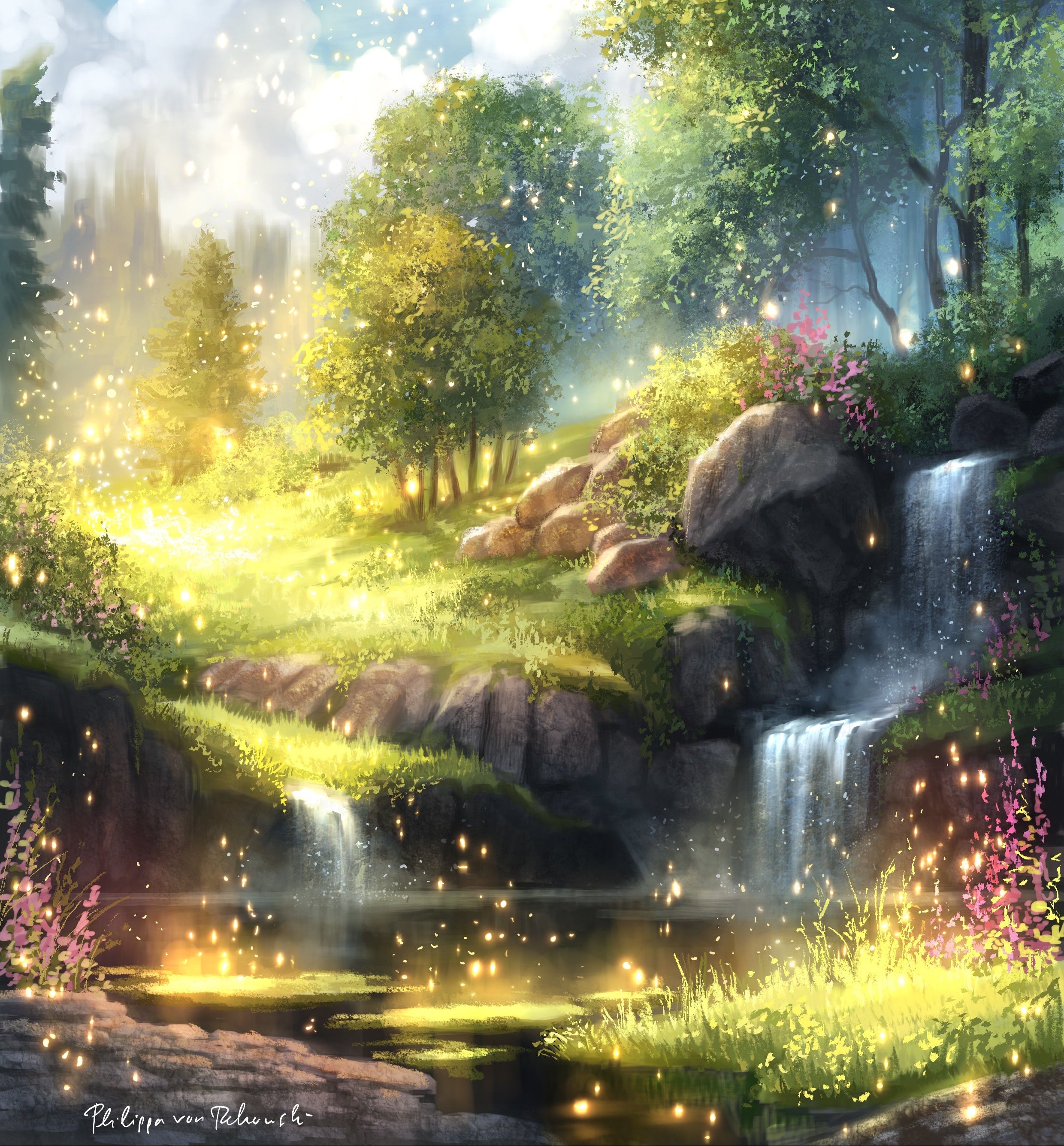 Mystical forest scene with a stream, rocks, and glowing lights.