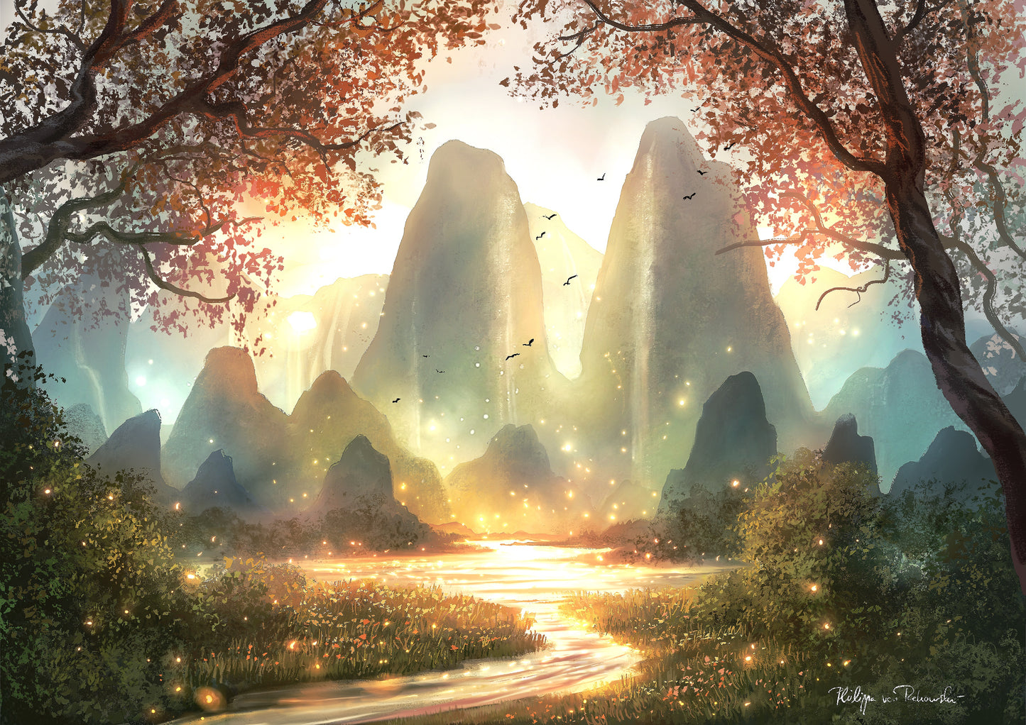 Golden Rivers of the Hidden Realm | Digital Painting Art Print