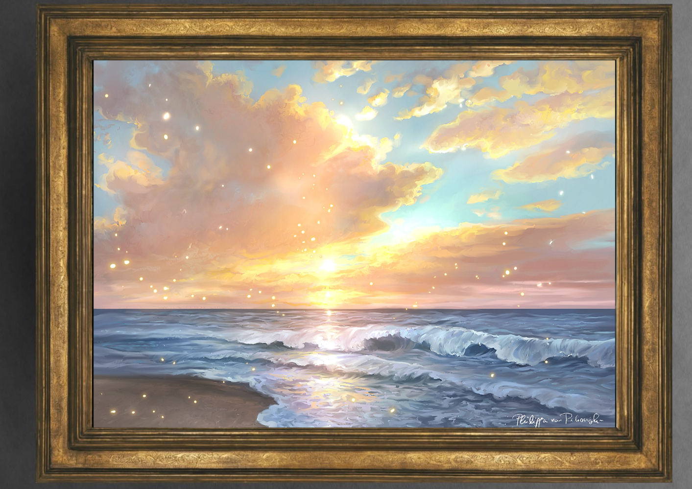 A digital painting art print titled 'Dreamy Swirling Waters', featuring a serene Enchanted forest path with glowing sky and stars, contained within a golden frame.