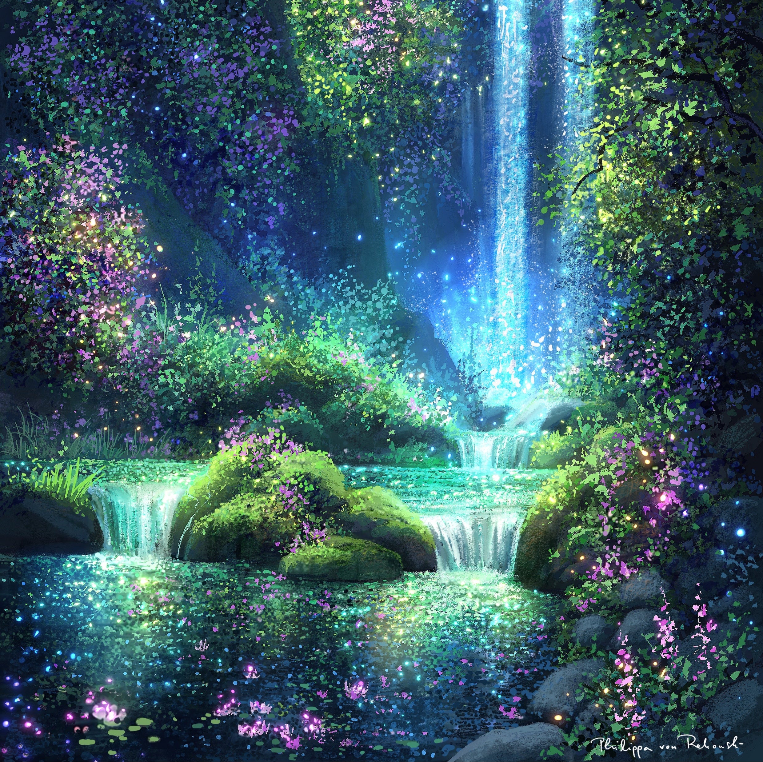 Fantasy forest with a glowing waterfall and colorful foliage
