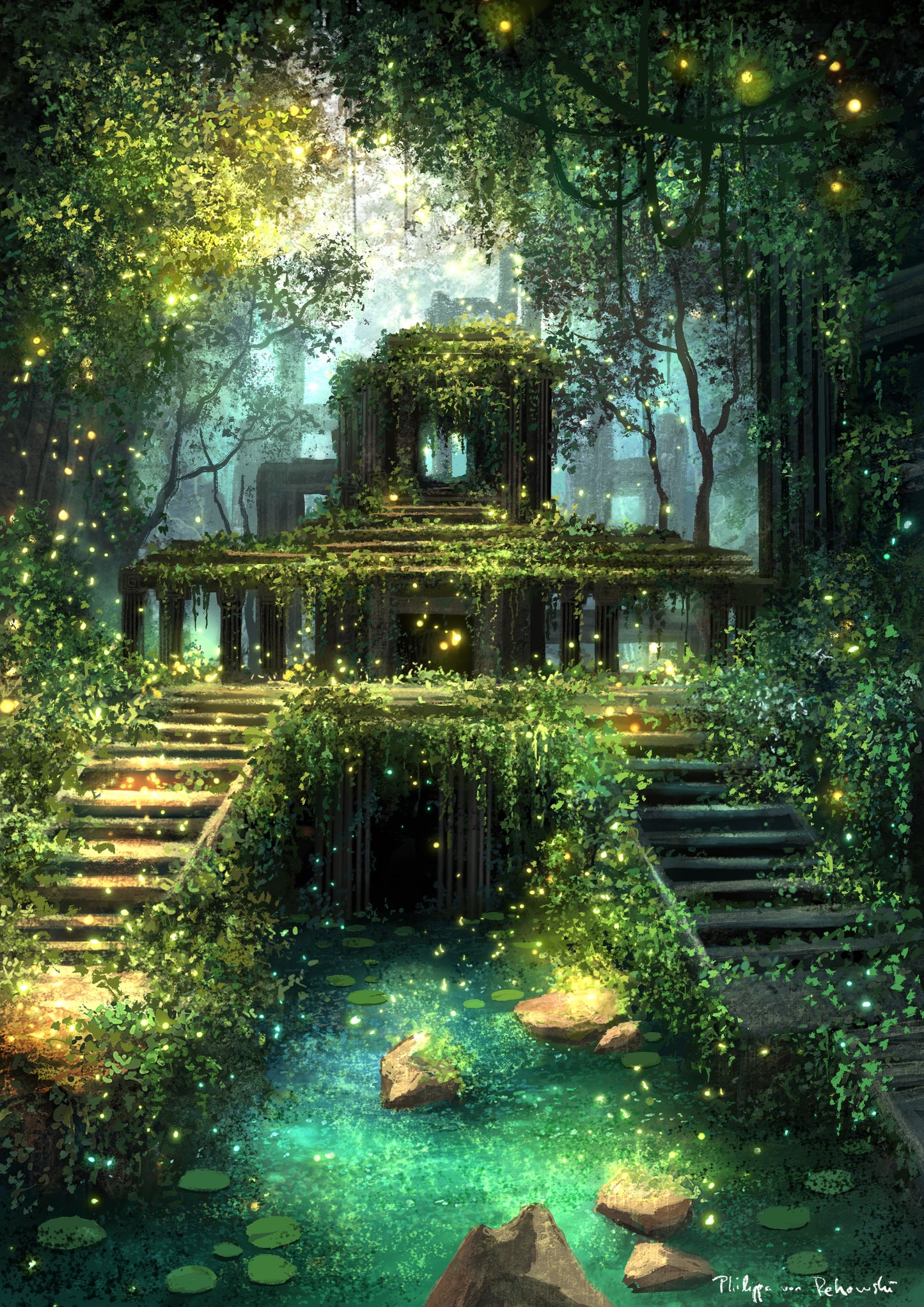 Arcane Ruins Surrounding the Luminescent Pool of Legends | Digital Painting Art Print