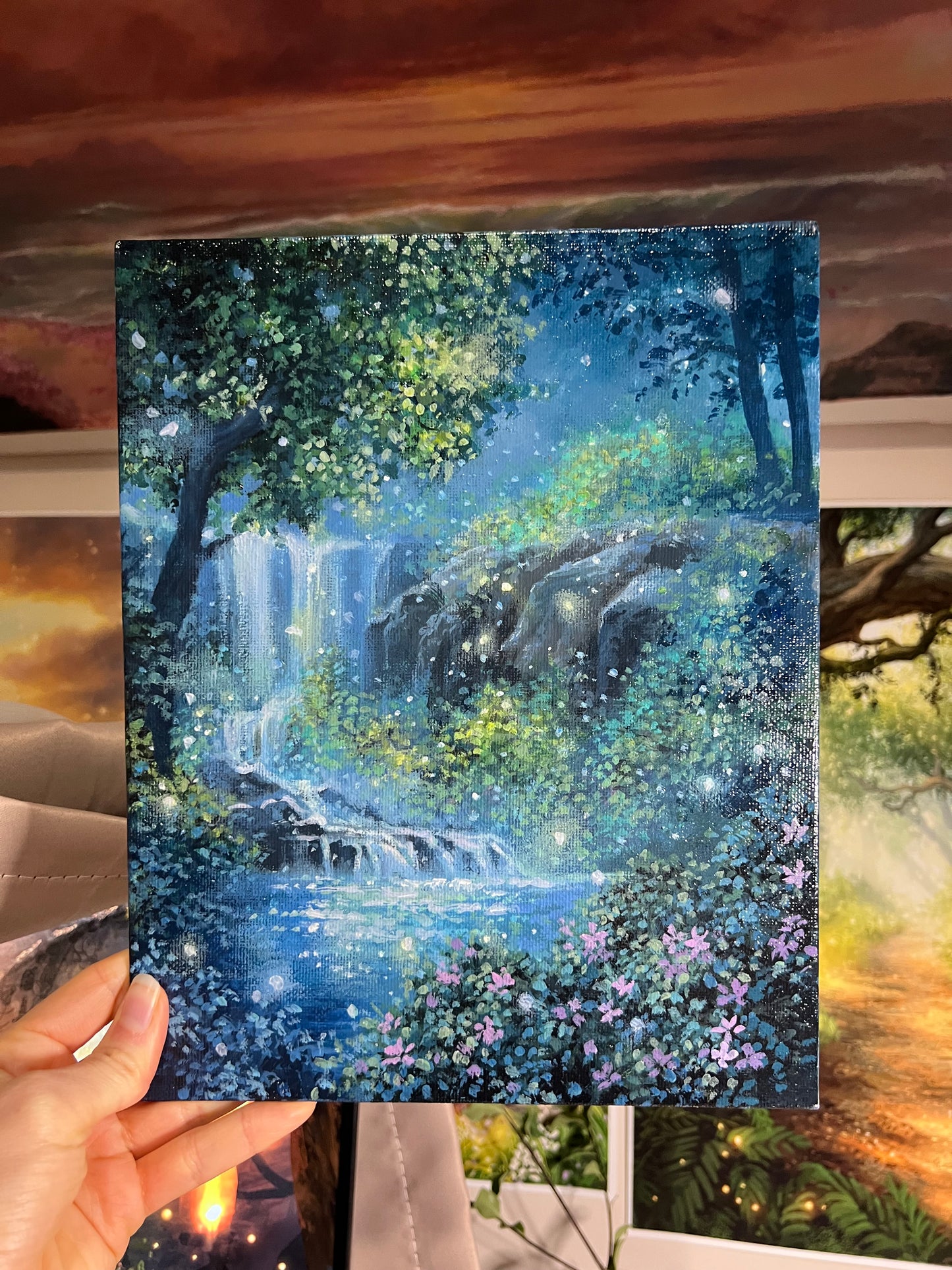 Midnight Blue Starry Waterfall Fairy Lagoon | Acrylic Painting on Canvas Panel
