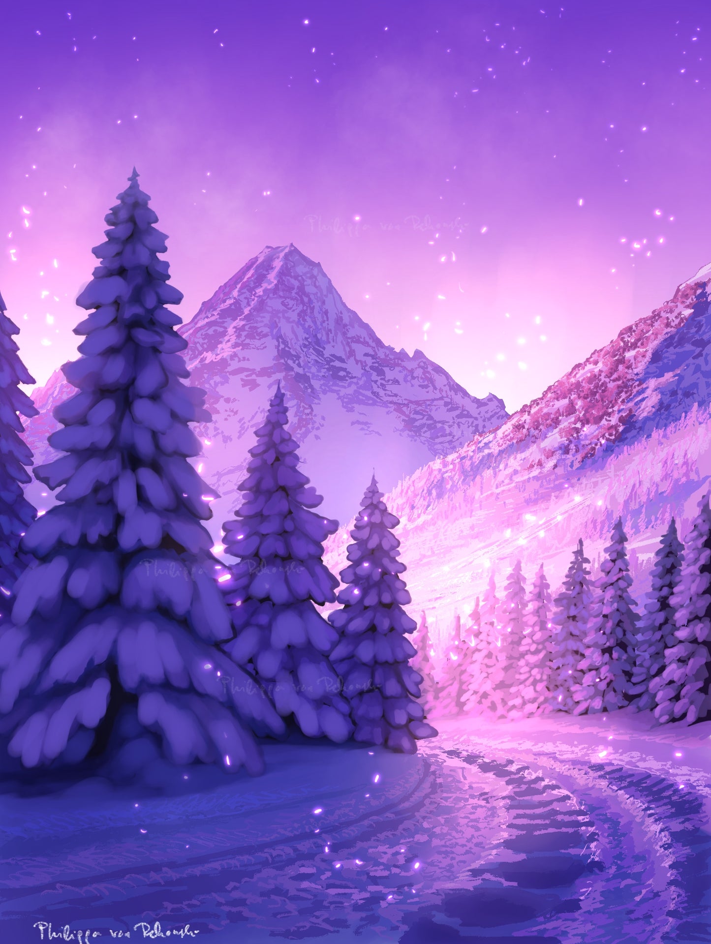 Magical Purple Snowy Mountain Landscape Digital Illustration Art Print
