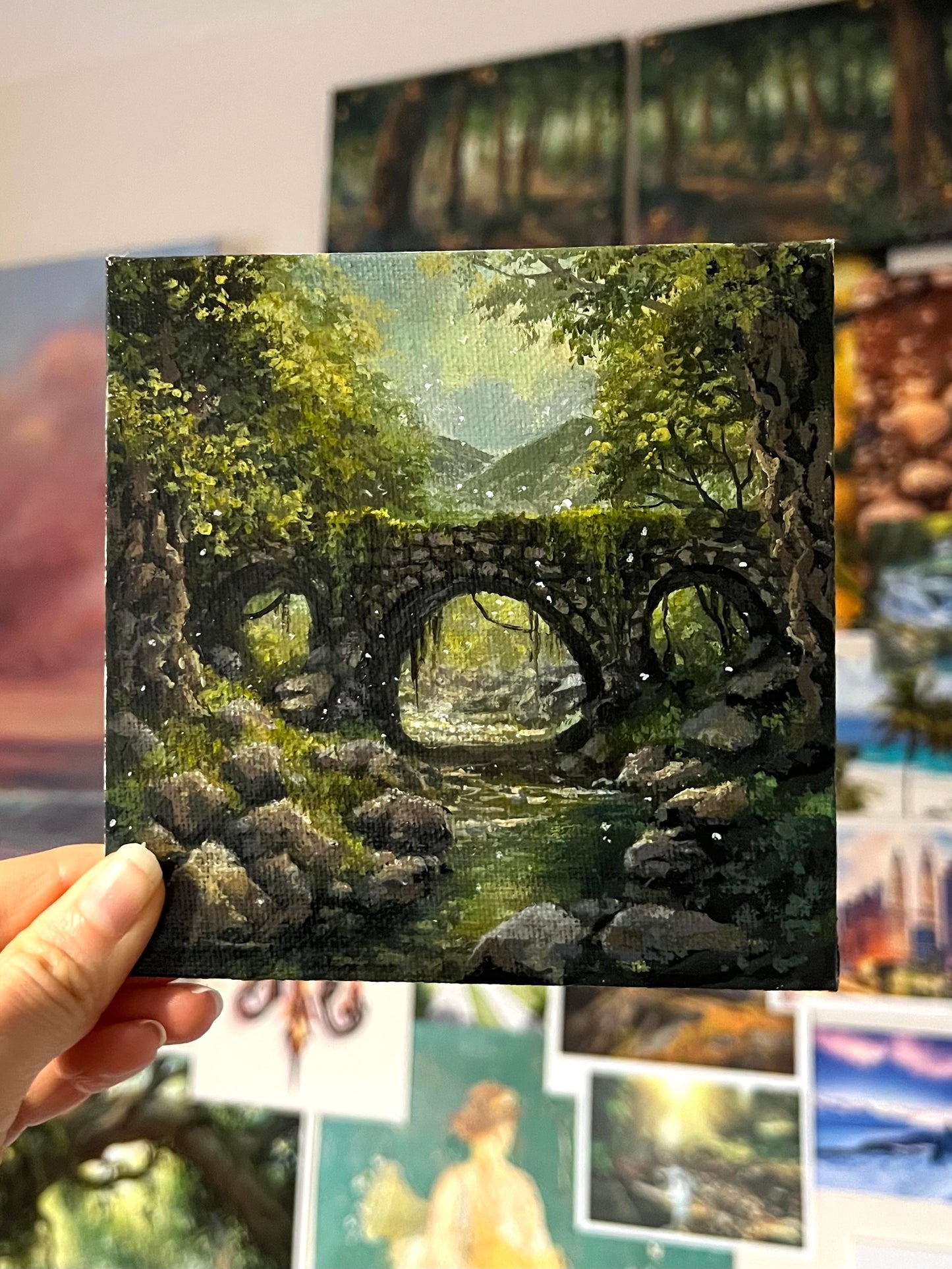 Mini Bridge Forest Painting on Canvas Panel | Acrylic Painting Glossy Varnished