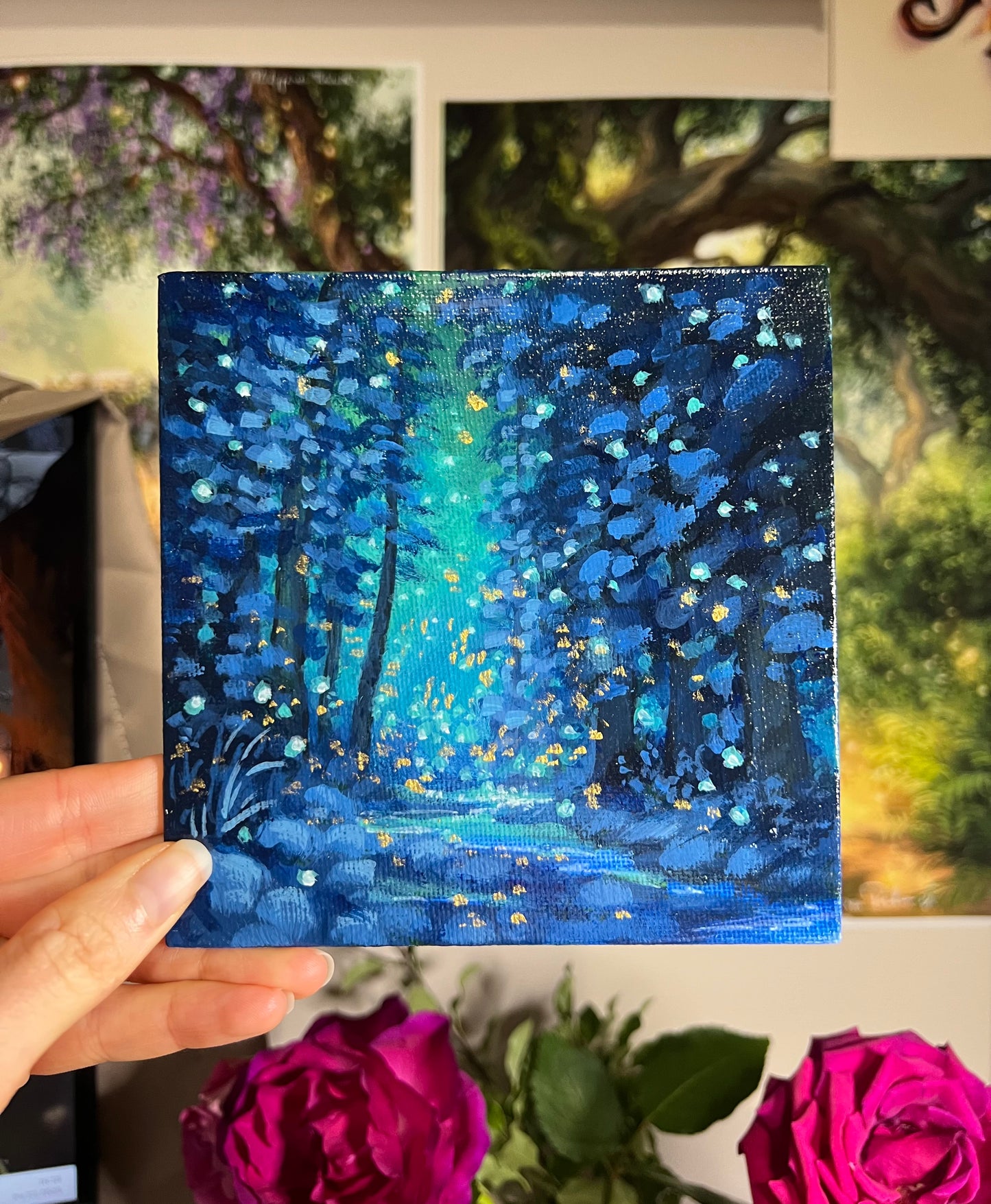 Mini Blue Winter Forest and Golden Lights Painting
