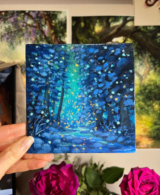 Mini Blue Winter Forest and Golden Lights Painting