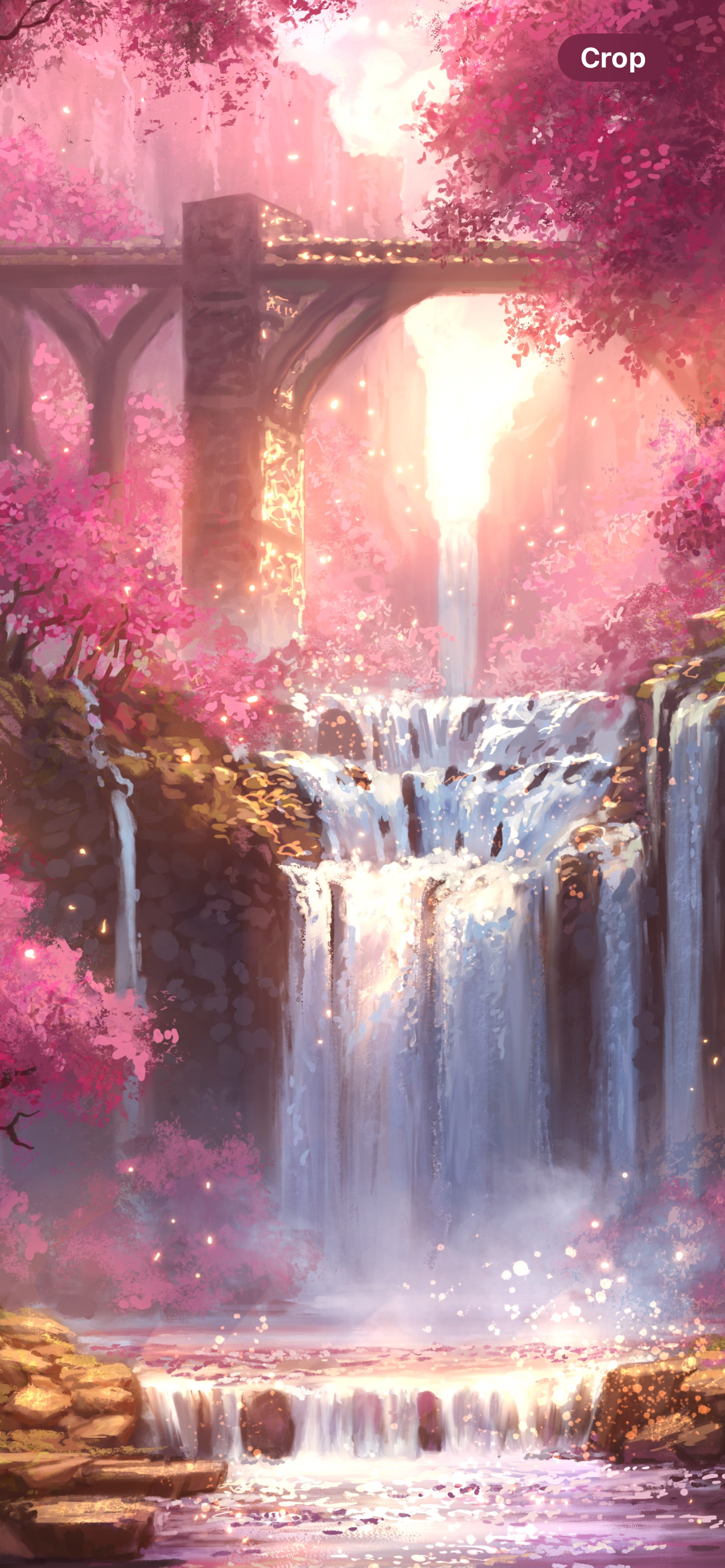 Blossom Falls | Pink Cherry Blossom Forest and Waterfall Illustration | Fairytale Fantasy Painting Art Print