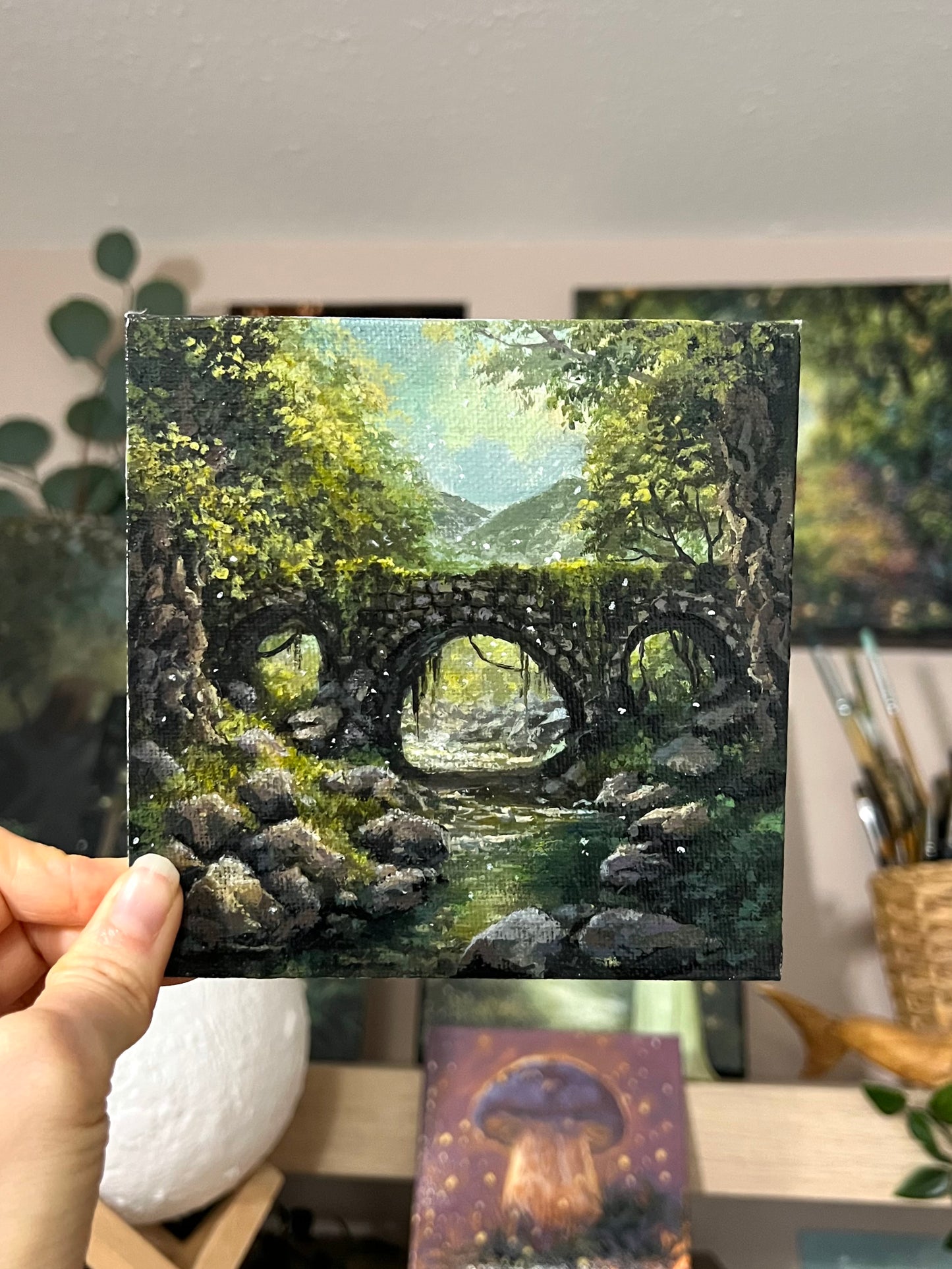 Mini Bridge Forest Painting on Canvas Panel | Acrylic Painting Glossy Varnished