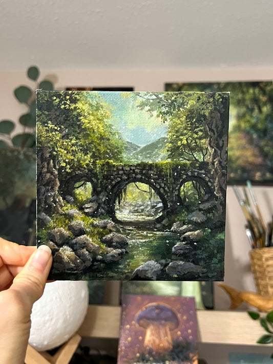 Mini Bridge Forest Painting on Canvas Panel | Acrylic Painting Glossy Varnished