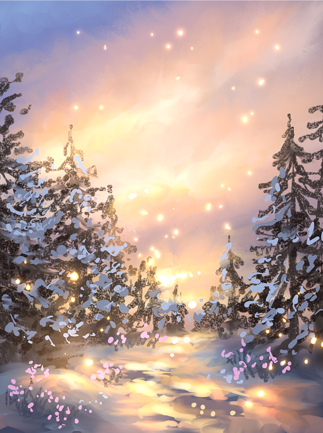 Christmas Magic | Winter Forest and Glowing Sunrise Digital Painting Print