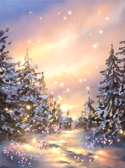 Christmas Magic | Winter Forest and Glowing Sunrise Digital Painting Print