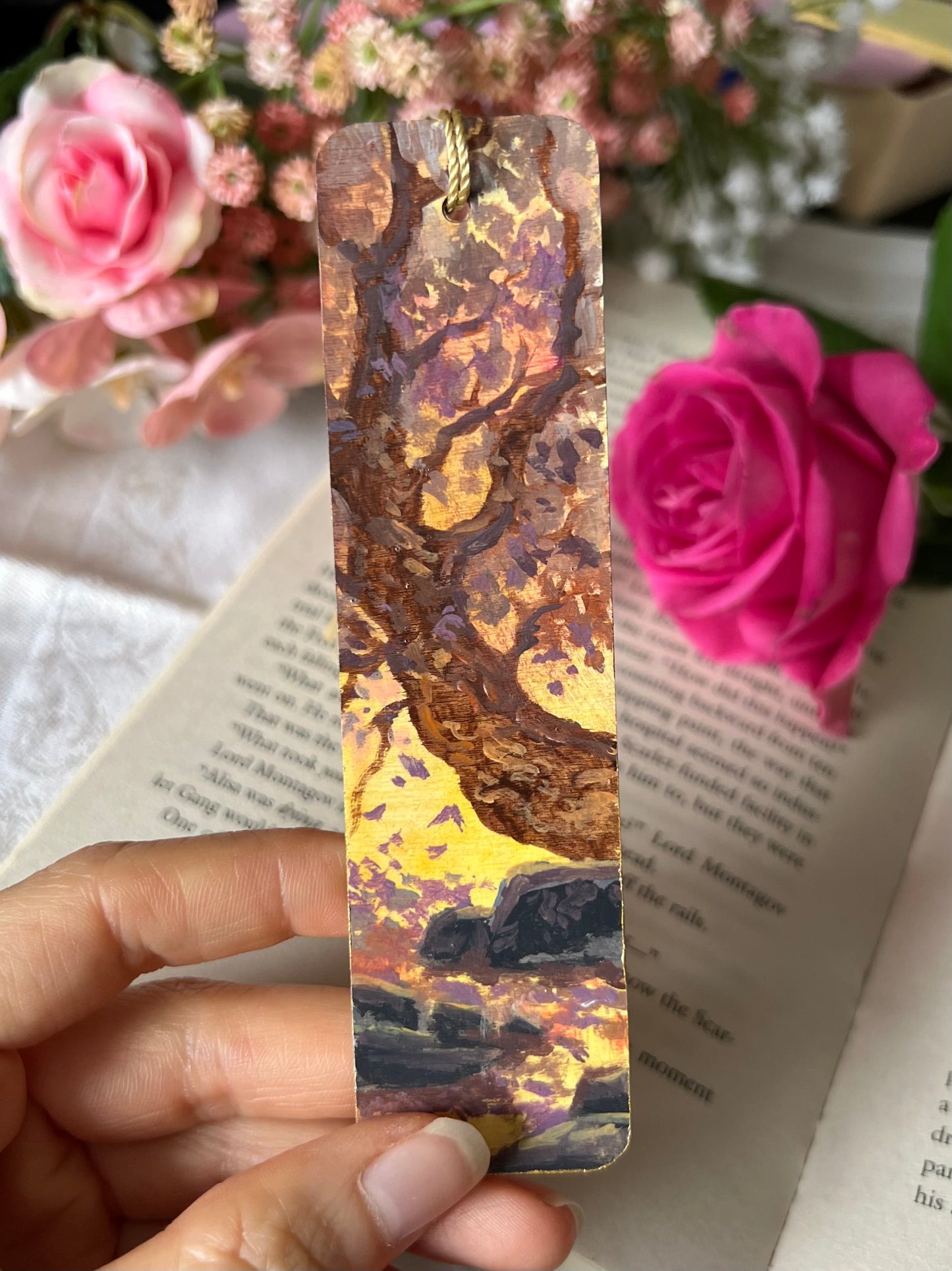 Golden Sky Reflections | Hand-painted Wooden Bookmark