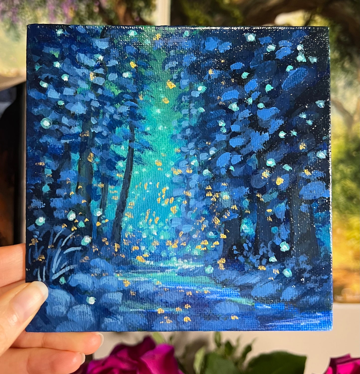 Mini Blue Winter Forest and Golden Lights Painting