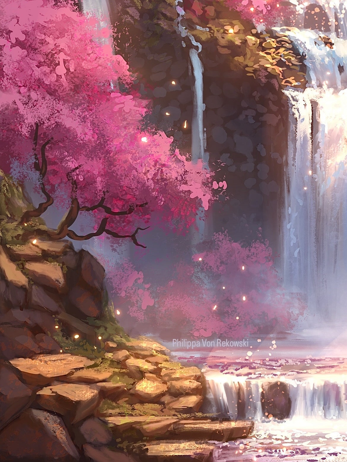 Blossom Falls | Pink Cherry Blossom Forest and Waterfall Illustration | Fairytale Fantasy Painting Art Print