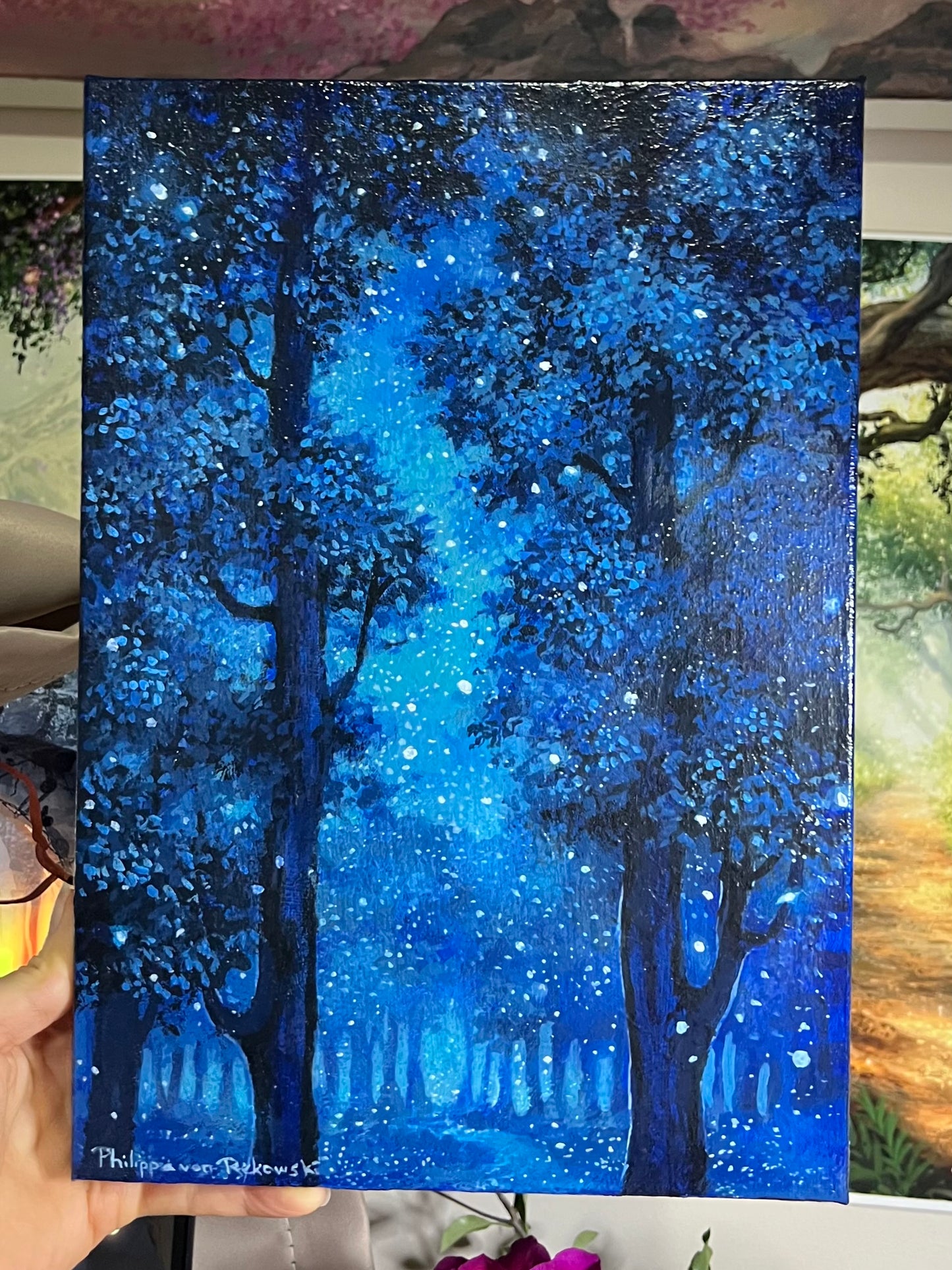 Midnight Blue Starry Sky and Tree Silhouettes Painting on Canvas
