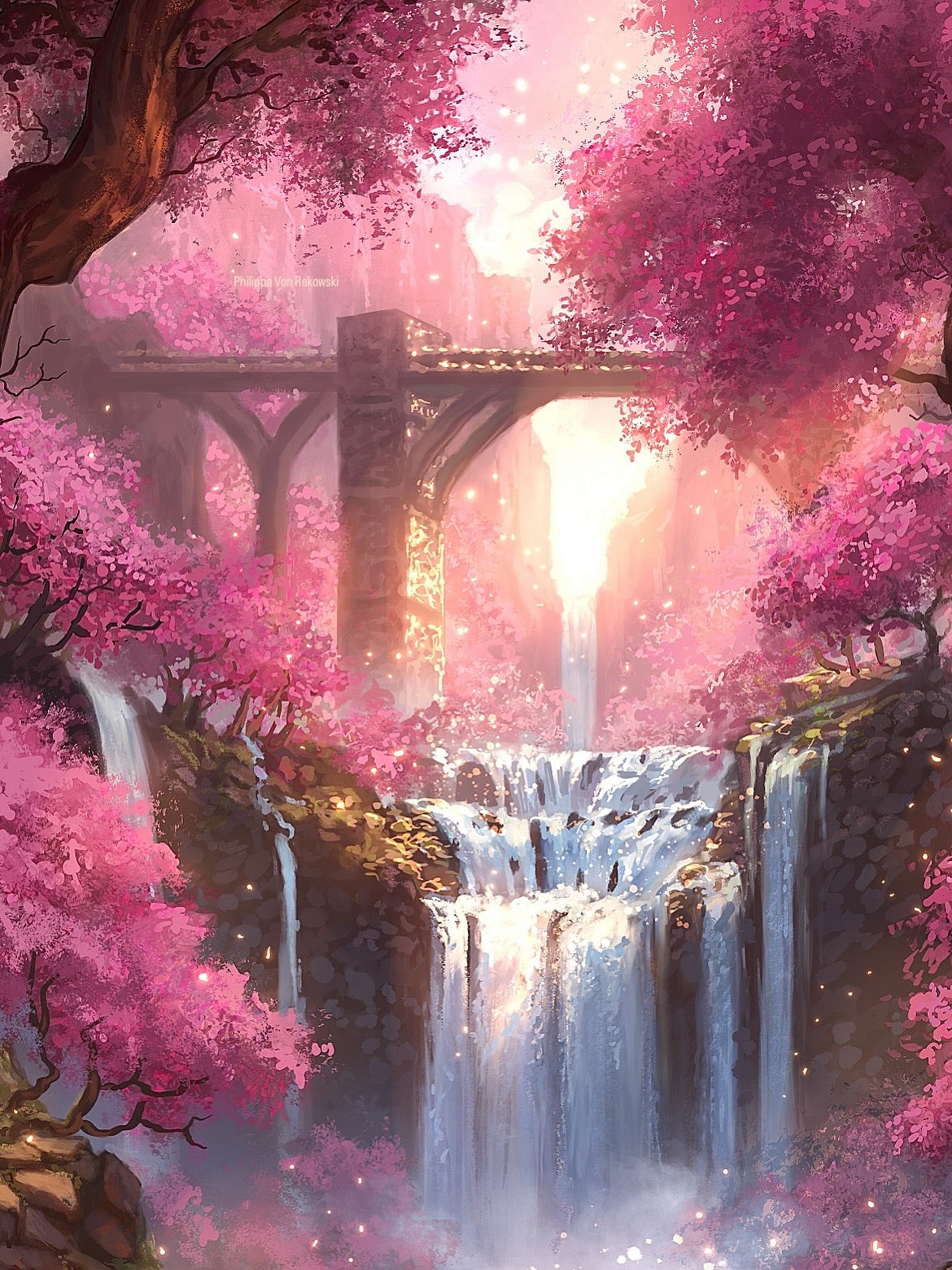 Blossom Falls | Pink Cherry Blossom Forest and Waterfall Illustration | Fairytale Fantasy Painting Art Print