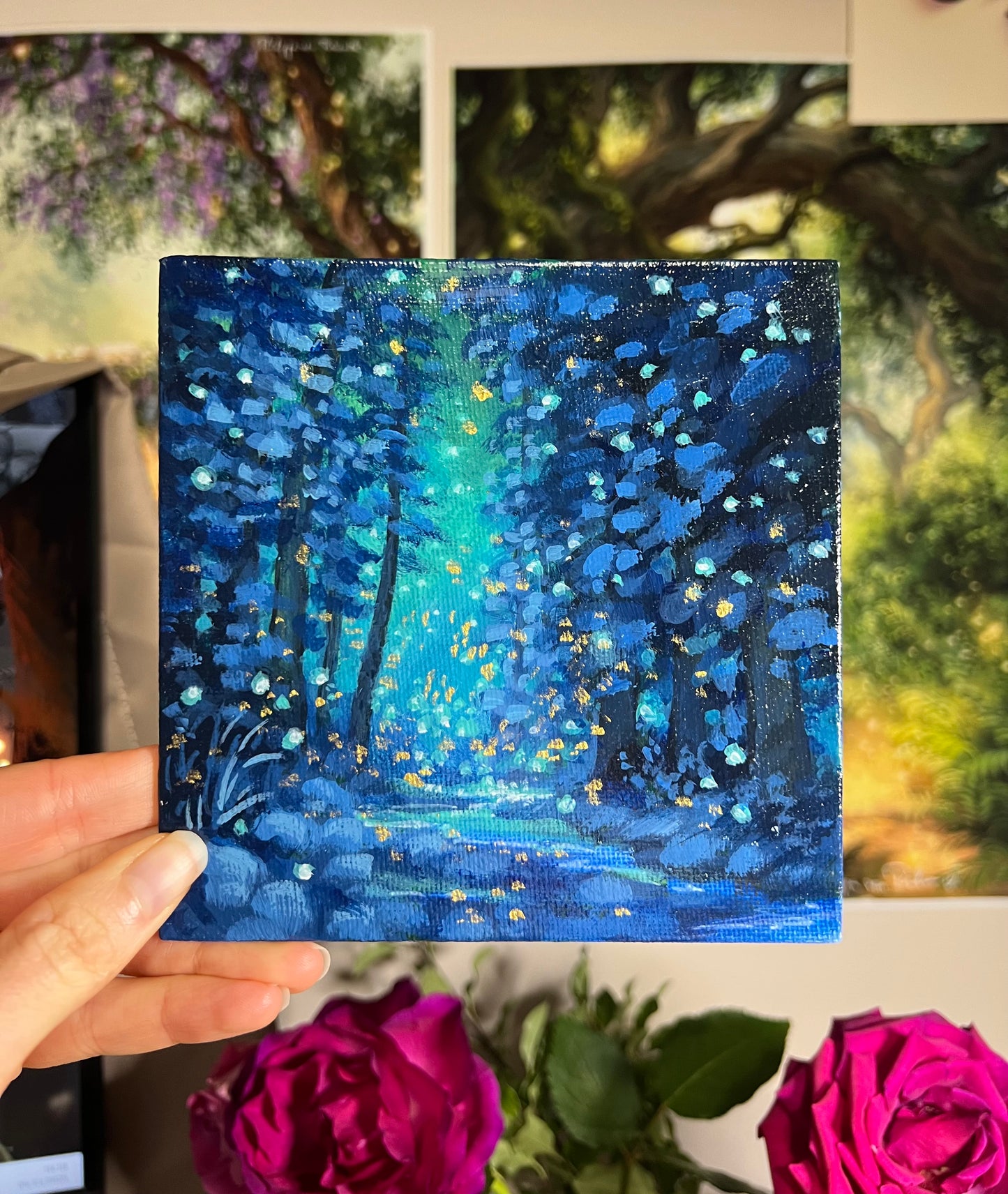 Mini Blue Winter Forest and Golden Lights Painting