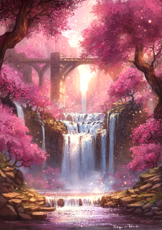 Blossom Falls | Pink Cherry Blossom Forest and Waterfall Illustration | Fairytale Fantasy Painting Art Print