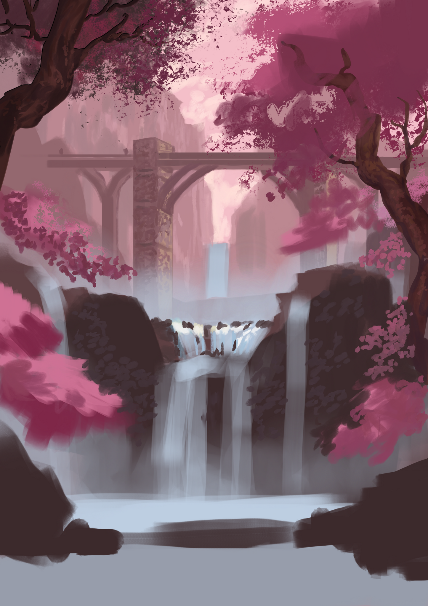 Blossom Falls | Pink Cherry Blossom Forest and Waterfall Illustration | Fairytale Fantasy Painting Art Print