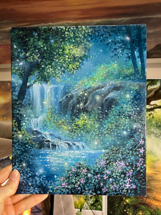 Midnight Blue Starry Waterfall Fairy Lagoon | Acrylic Painting on Canvas Panel