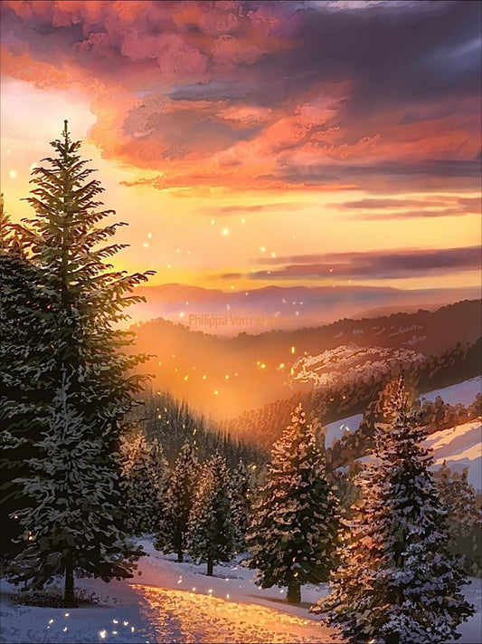 Peaceful Respite | Winter Forest and Sunset Clouds Painting Art Print