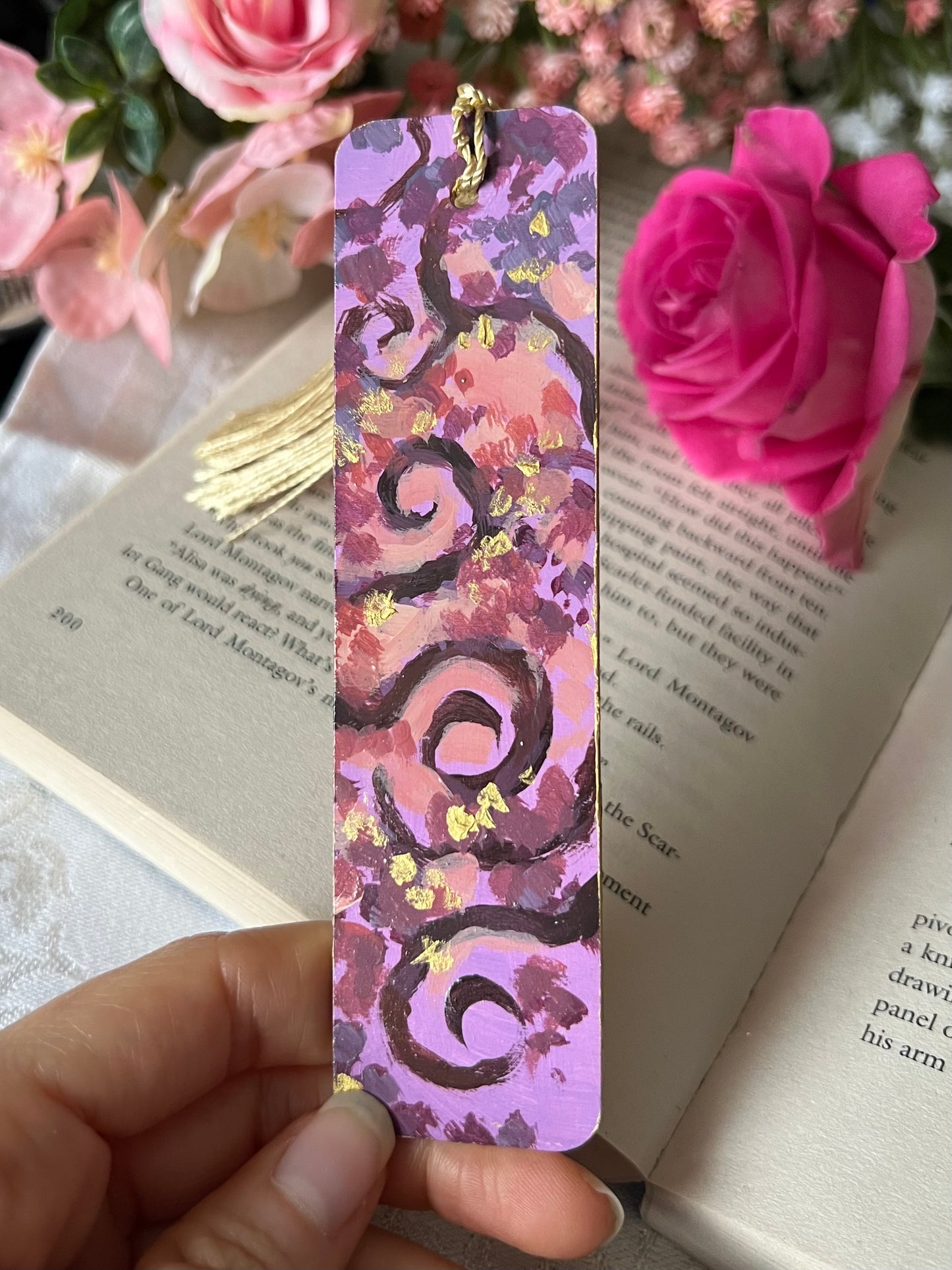 Purple and Gold Forest Swirls | Hand-painted Bookmark
