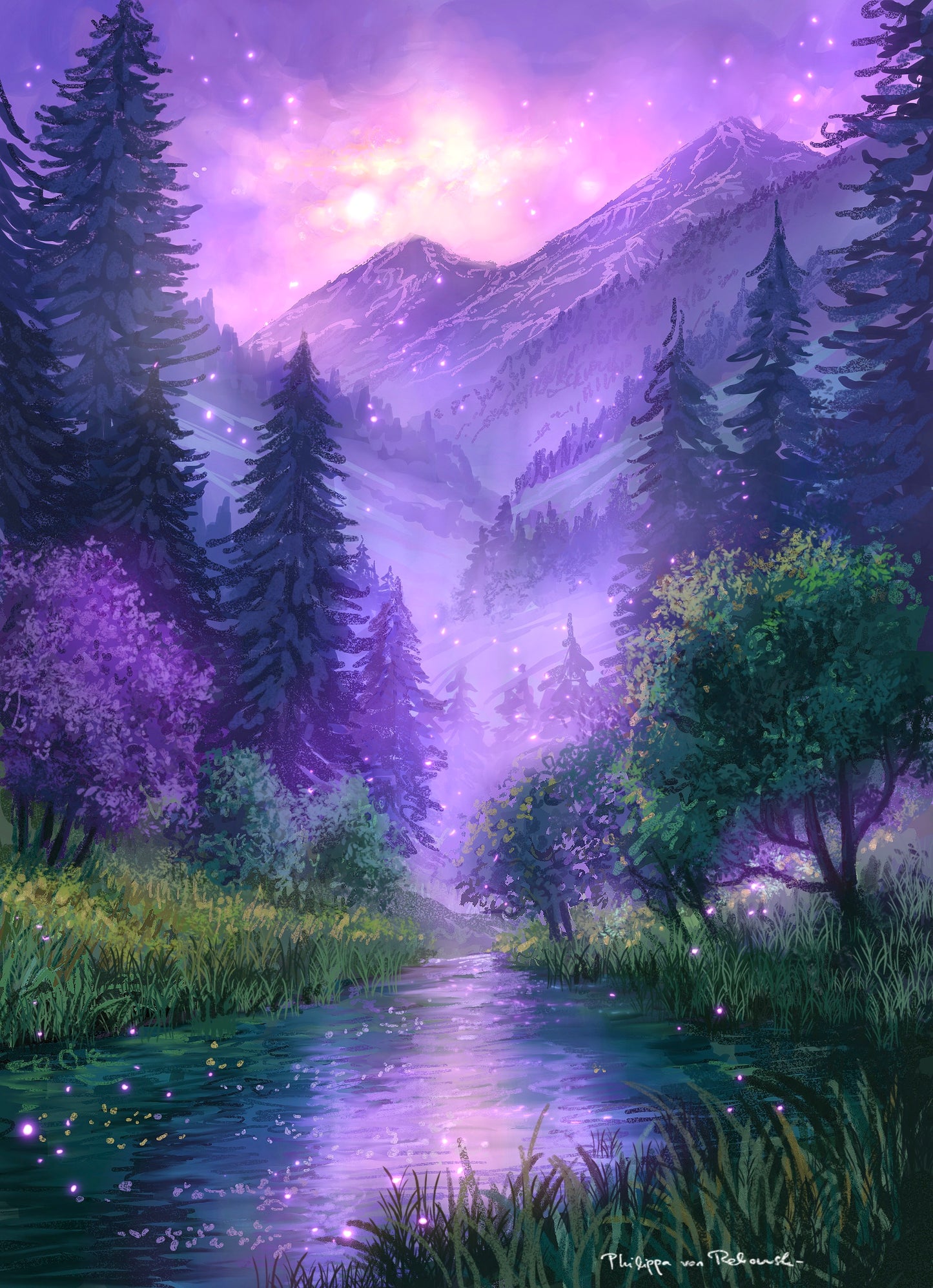 Digital Fantasy Painting Art Print | Purple Mountain View