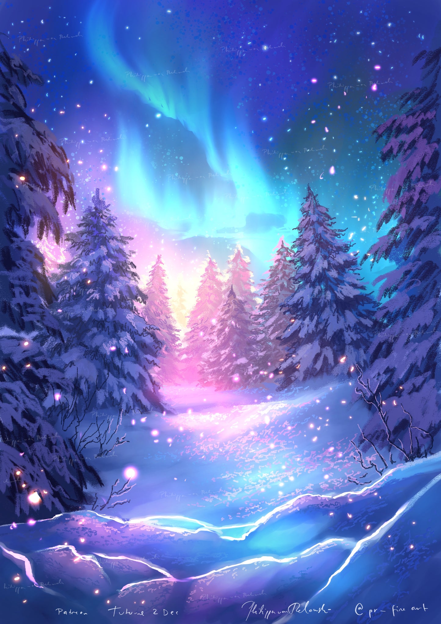 A Winter FairyTale | Northern Lights and Snowy Winter Forest Landscape Digital Painting Art Print