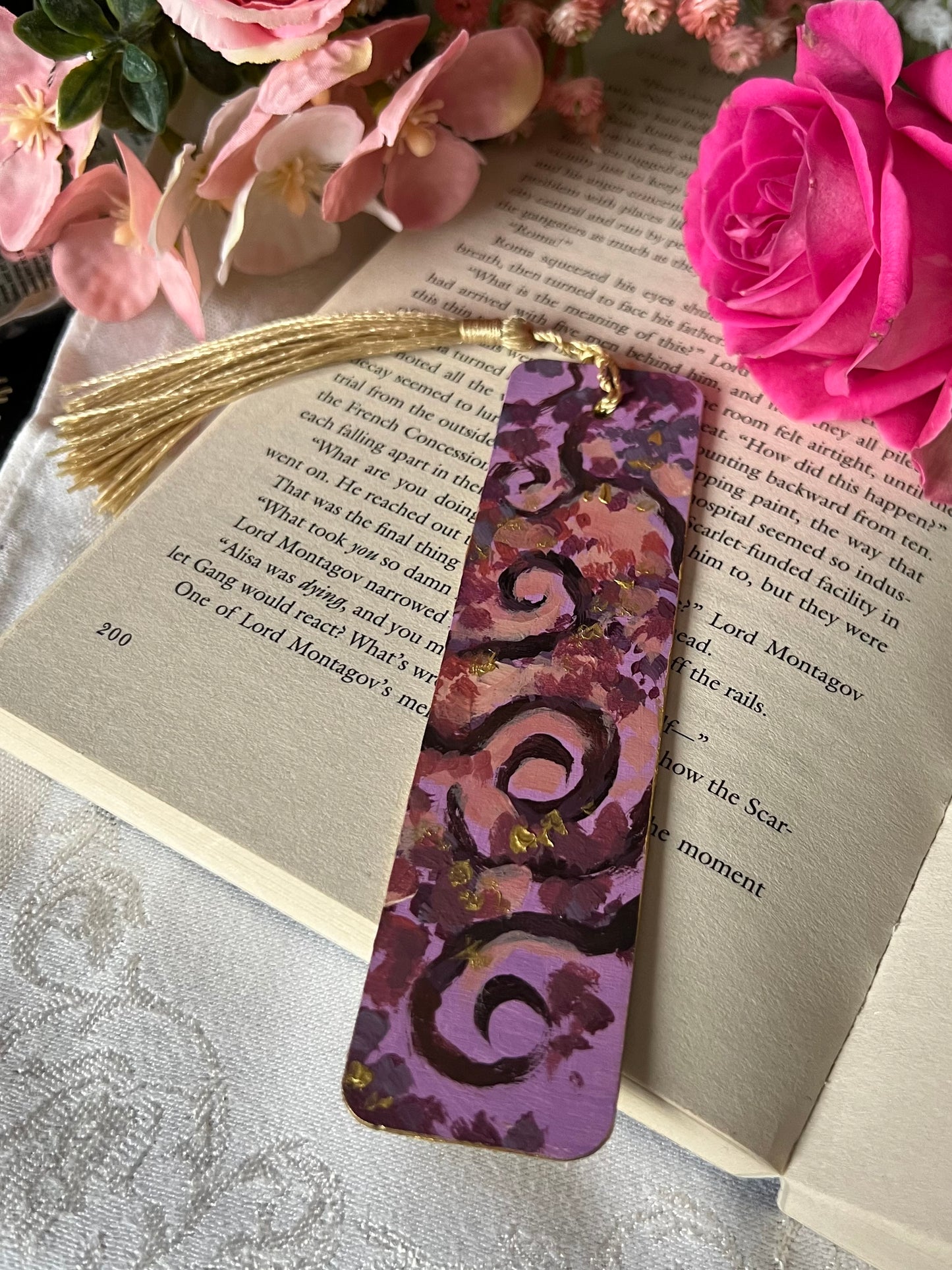 Purple and Gold Forest Swirls | Hand-painted Bookmark