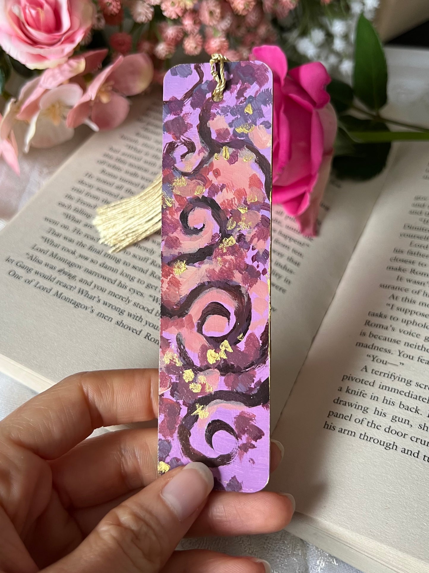 Purple and Gold Forest Swirls | Hand-painted Bookmark