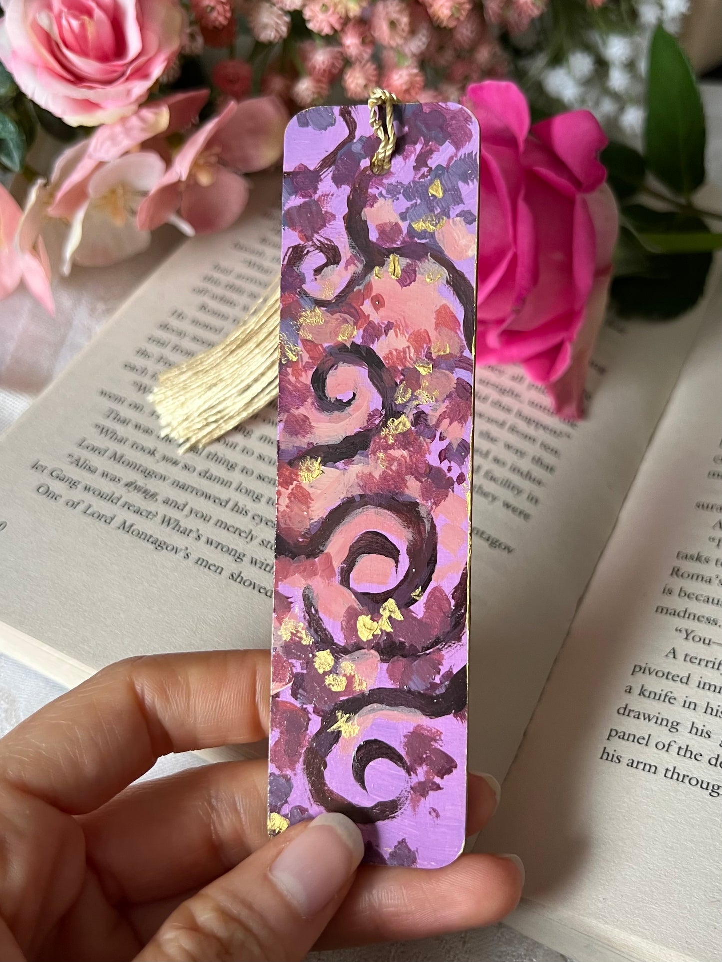 Purple and Gold Forest Swirls | Hand-painted Bookmark