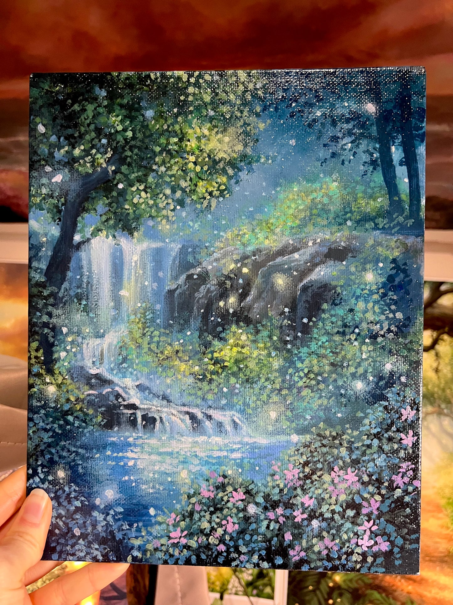Midnight Blue Starry Waterfall Fairy Lagoon | Acrylic Painting on Canvas Panel