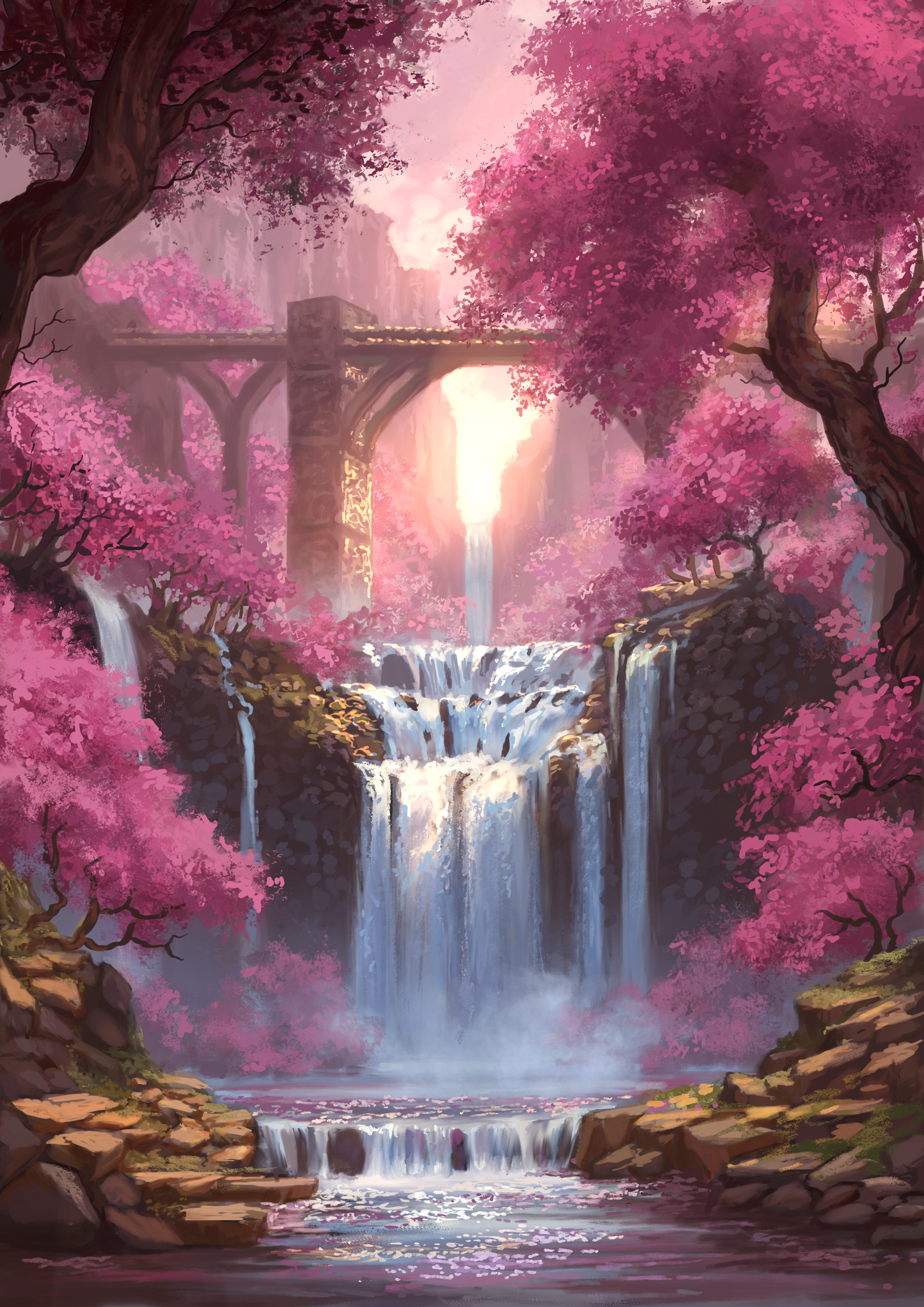Blossom Falls | Pink Cherry Blossom Forest and Waterfall Illustration | Fairytale Fantasy Painting Art Print