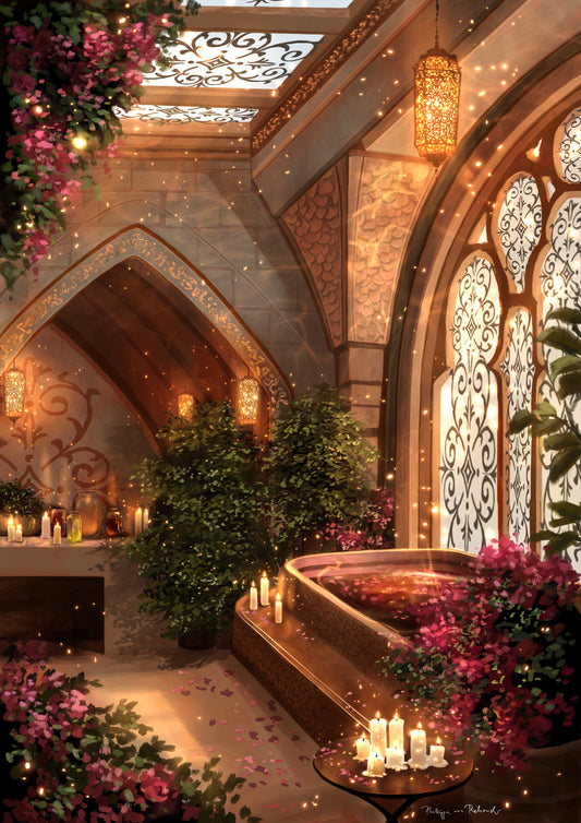 Blood red Blossom Bath | Digital Interior Painting Practise Art Print ✨ Fantasy Interior Illustration Print