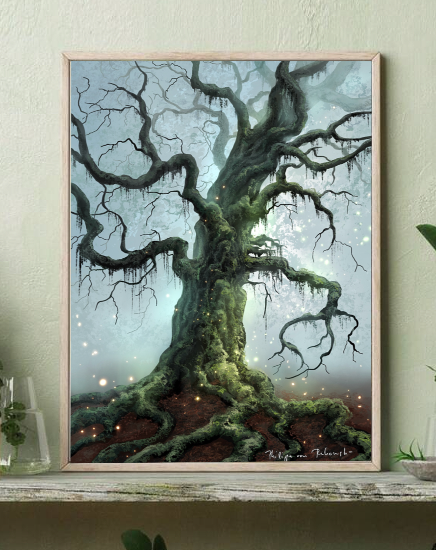 A digital painting art print depicting a large, old tree with mossy roots and a mysterious, ethereal glow in the background, framed and displayed on a shelf.