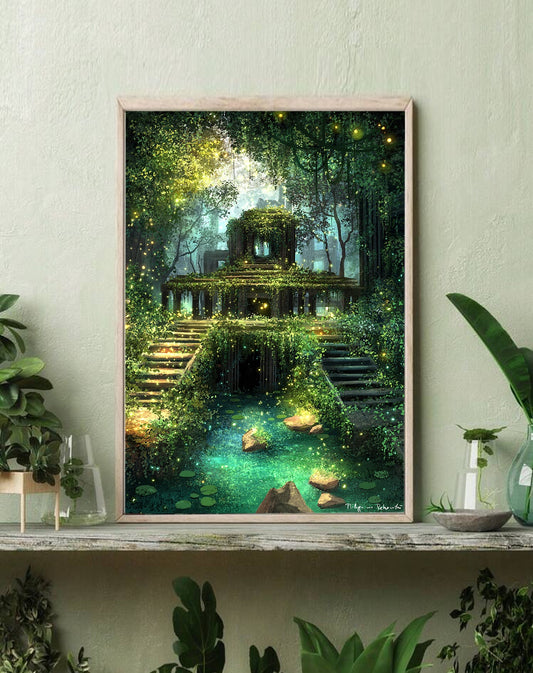 Arcane Ruins Surrounding the Luminescent Pool of Legends | Digital Painting Art Print