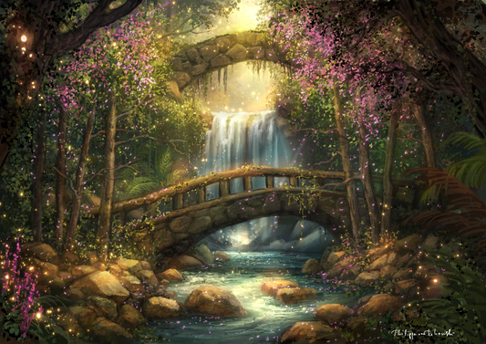 Old Enchanted Bridge| Magical Waterfall Art High Fantasy Landscape Painting| Digital Painting Art Print