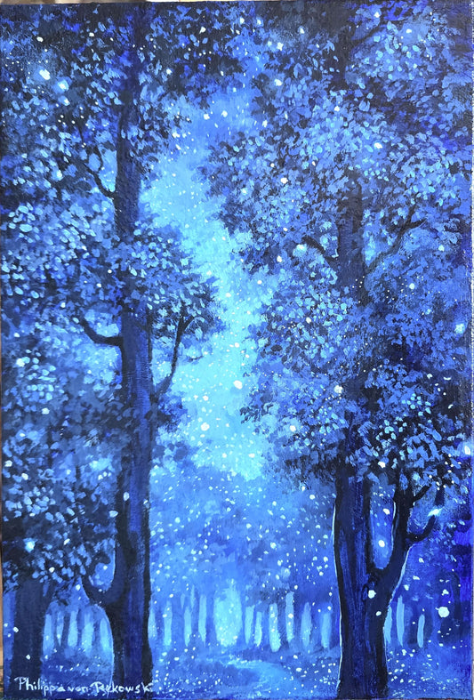 Midnight Blue Starry Sky and Tree Silhouettes Painting on Canvas