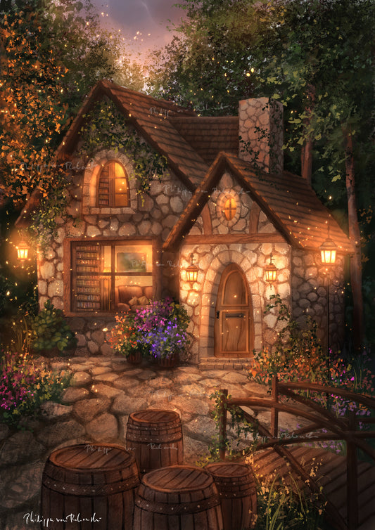Warm Cottage | Genshin Impact Inspired Cottagecore Art High Fantasy Landscape Illustration | Magical Digital Painting Print