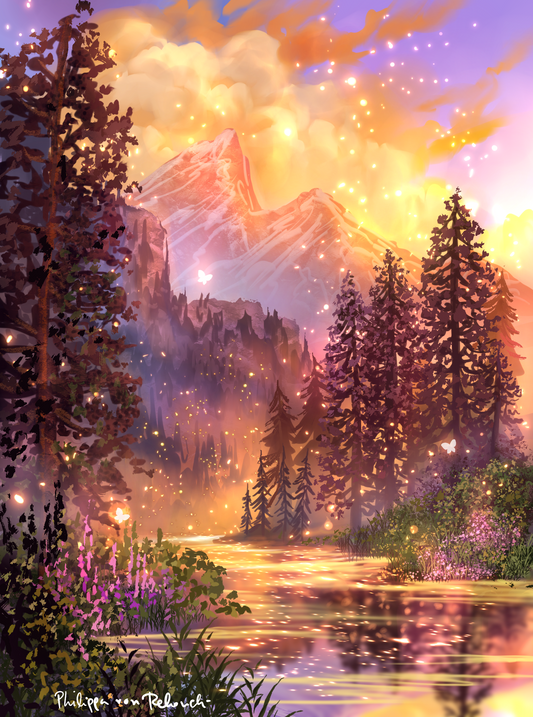 Sunset Mountain Landscape | Vibrant Fairy-tale Fantasy World Illustration Art work | Magical Sunset Art | Giclee Archival Art Print